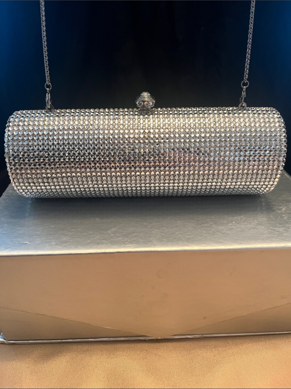 Rhinestone Silver Cylinder Evening Clutch with Chain fine quality